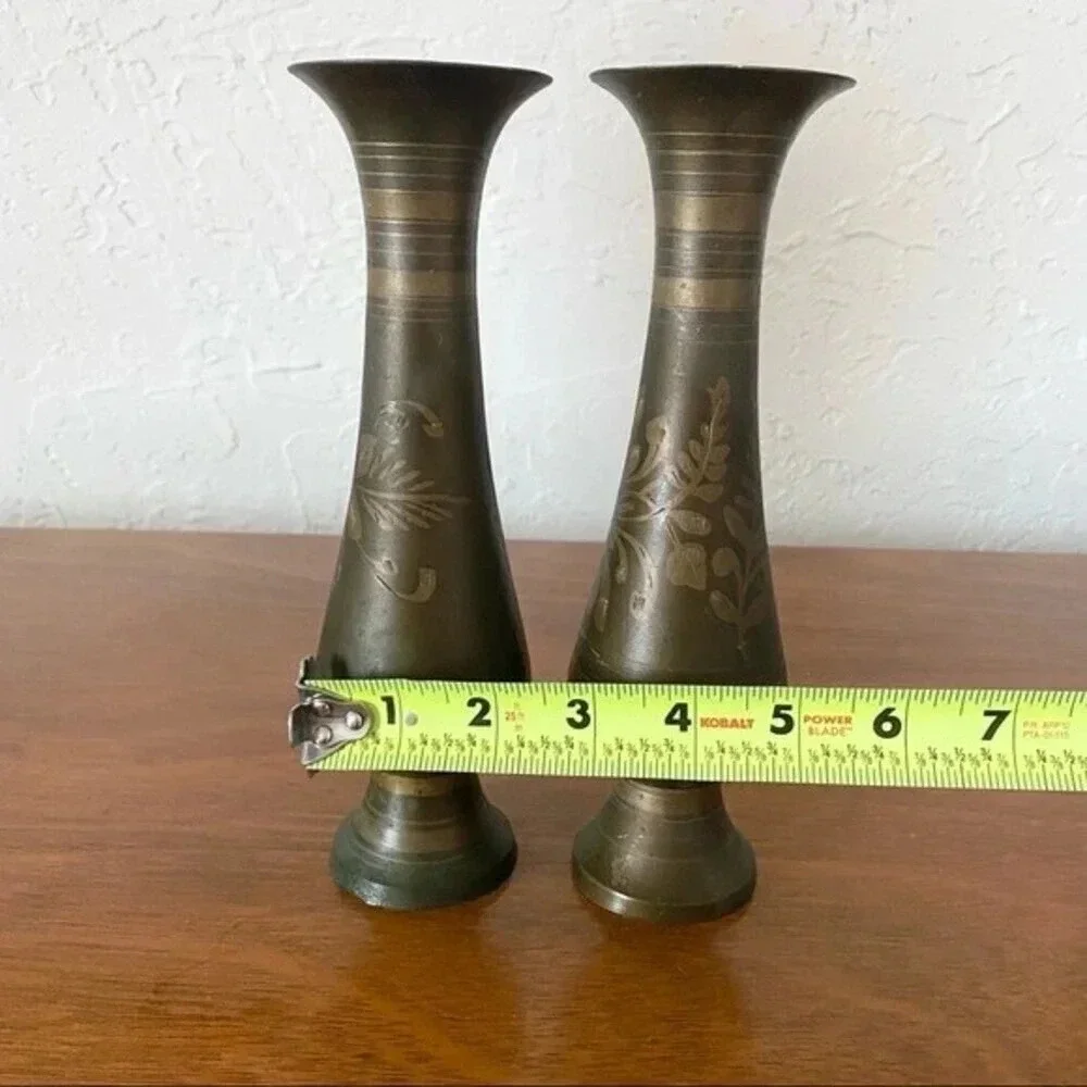 Vintage Indian Engraved Brass Vase Sets - Picture 4 of 7